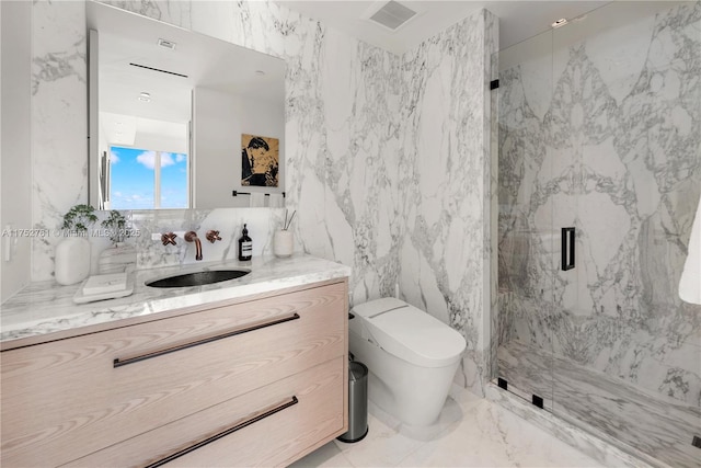 100 S Pointe Dr Unit 2803, Miami Beach, FL 33139 - full bath with tile walls, toilet, a marble finish shower, vanity, and marble tiled floors