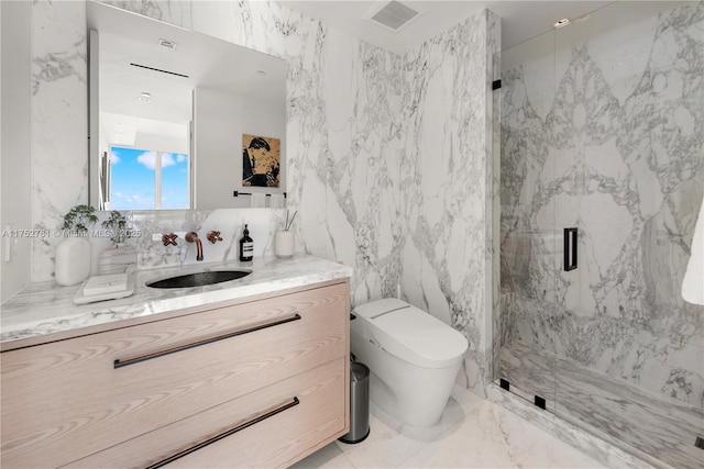 full bath featuring marble finish floor, a marble finish shower, visible vents, toilet, and vanity