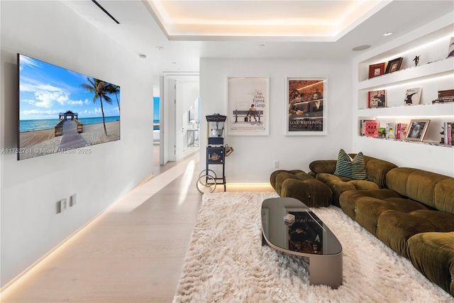 living area featuring wood finished floors and a raised ceiling