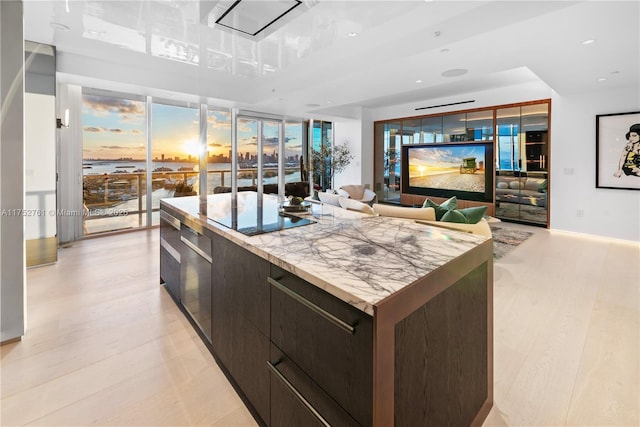 100 S Pointe Dr Unit 2803, Miami Beach, FL 33139 - kitchen with modern cabinets, a center island, light wood finished floors, dark brown cabinetry, and recessed lighting