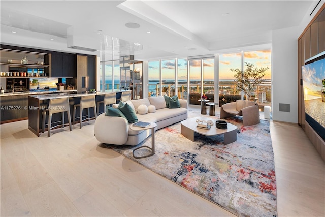 living area with a wall of windows, a raised ceiling, and light wood finished floors