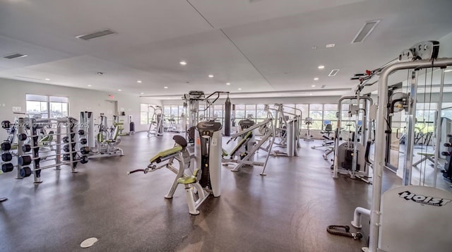 workout area featuring visible vents and recessed lighting