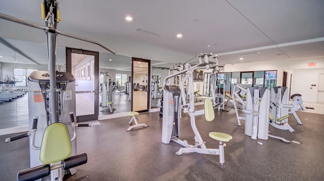 exercise room featuring visible vents and recessed lighting