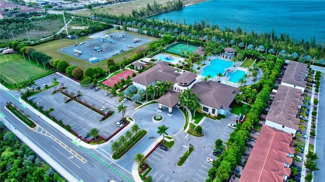 birds eye view of property featuring a water view