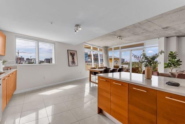 kitchen with light tile patterned floors, plenty of natural light, and modern cabinets
