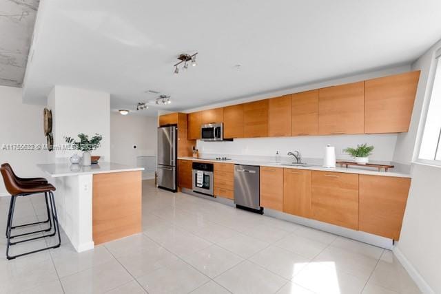 kitchen featuring appliances with stainless steel finishes, light countertops, a sink, and a peninsula