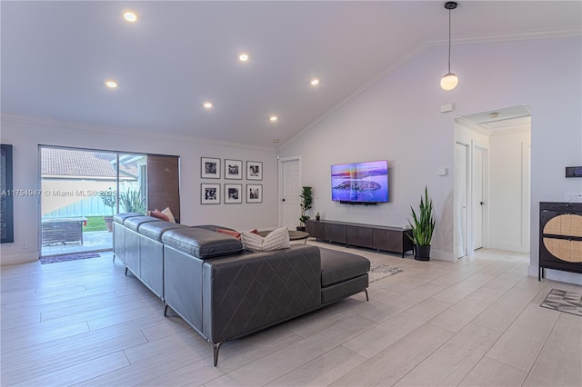 living room with high vaulted ceiling, light wood-style flooring, recessed lighting, baseboards, and crown molding