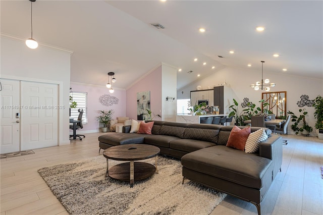 living room featuring a chandelier, recessed lighting, visible vents, light wood finished floors, and crown molding