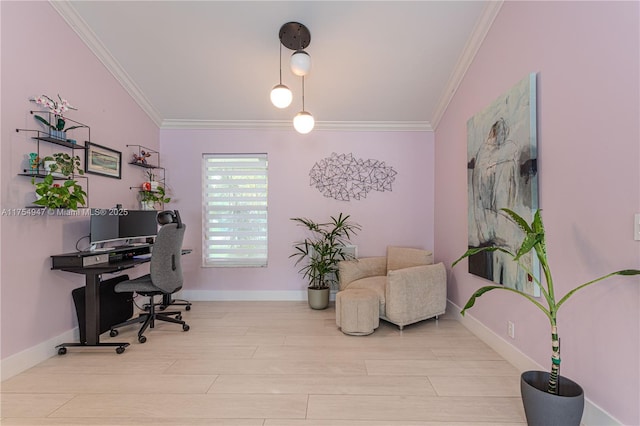 office area with ornamental molding, baseboards, and wood finished floors