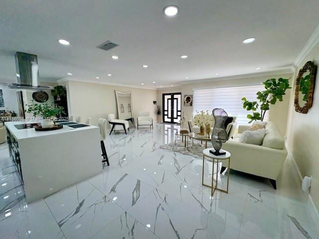 living area with recessed lighting, visible vents, baseboards, marble finish floor, and ornamental molding