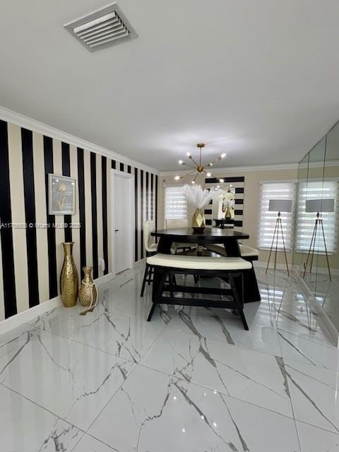 dining space featuring ornamental molding, marble finish floor, visible vents, and wallpapered walls