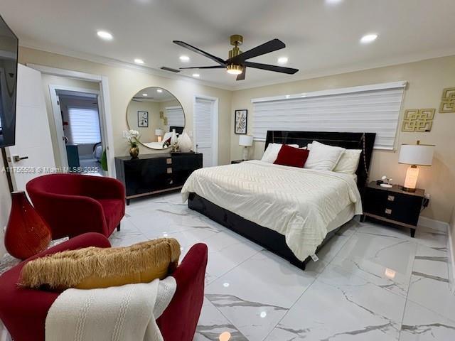 bedroom featuring recessed lighting, marble finish floor, visible vents, and crown molding