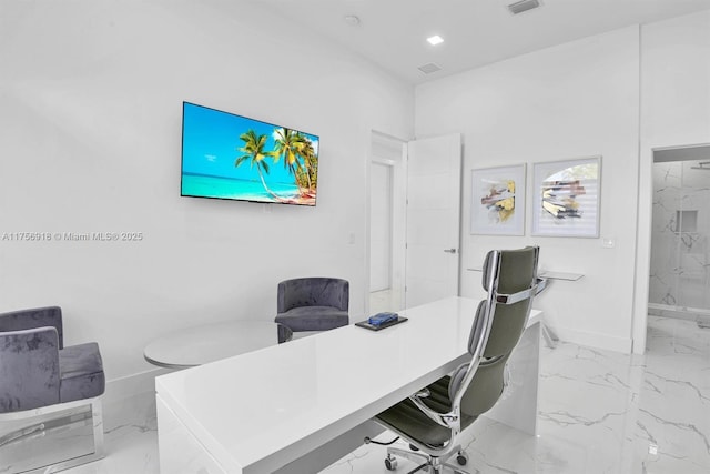 2578 NW 63rd Ln, Boca Raton, FL 33496 - office area featuring marble finish floor, visible vents, baseboards, and recessed lighting