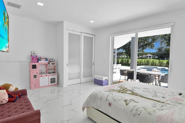 2578 NW 63rd Ln, Boca Raton, FL 33496 - bedroom featuring marble finish floor, access to exterior, visible vents, and a closet