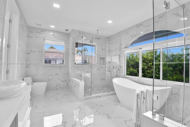 2578 NW 63rd Ln, Boca Raton, FL 33496 - bathroom featuring a marble finish shower, a soaking tub, marble finish floor, vanity, and stone wall