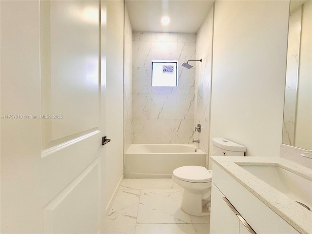 full bathroom with shower / bathtub combination, marble finish floor, vanity, and toilet