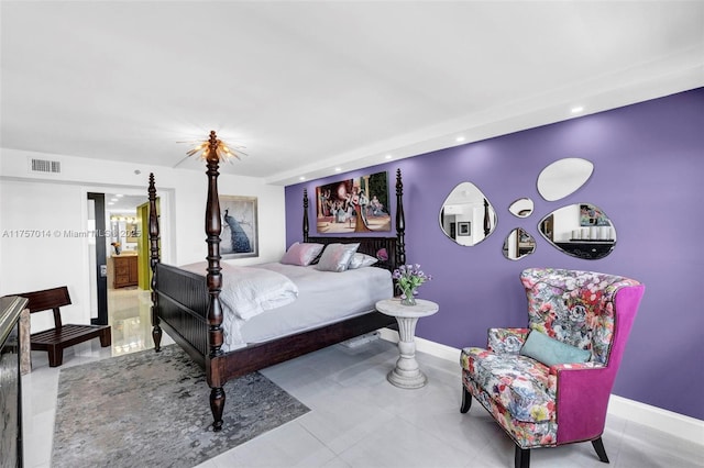 bedroom featuring baseboards, visible vents, and recessed lighting