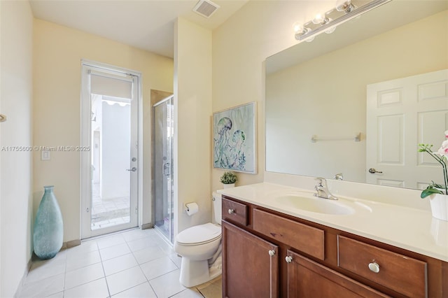 full bath featuring tile patterned flooring, toilet, vanity, visible vents, and a stall shower