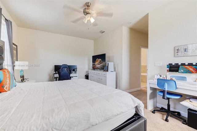 carpeted bedroom with visible vents, ceiling fan, and baseboards