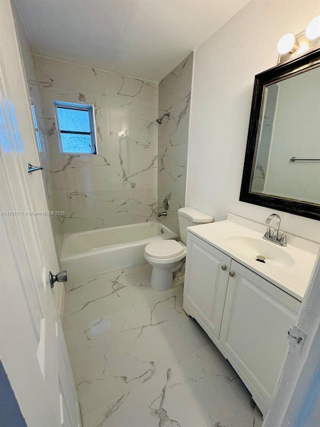 full bathroom with shower / bathtub combination, marble finish floor, vanity, and toilet