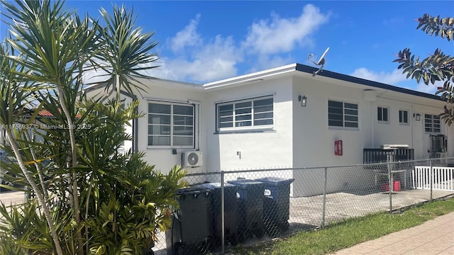 view of property exterior with a fenced front yard and stucco siding