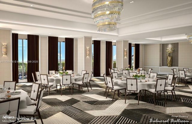 carpeted dining room with a notable chandelier