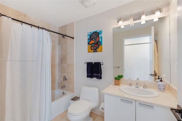 bathroom with shower / bath combo, vanity, and toilet