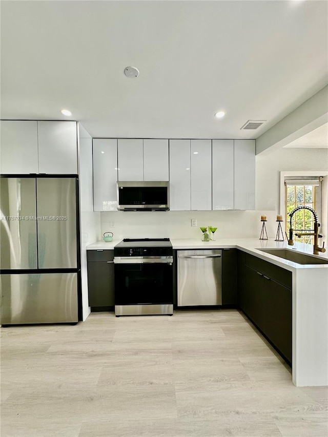 kitchen with stainless steel appliances, a sink, visible vents, white cabinets, and modern cabinets