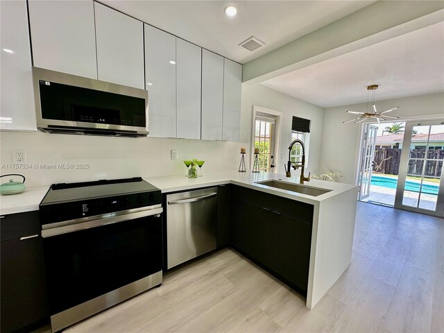 kitchen featuring white cabinets, modern cabinets, appliances with stainless steel finishes, a peninsula, and a sink