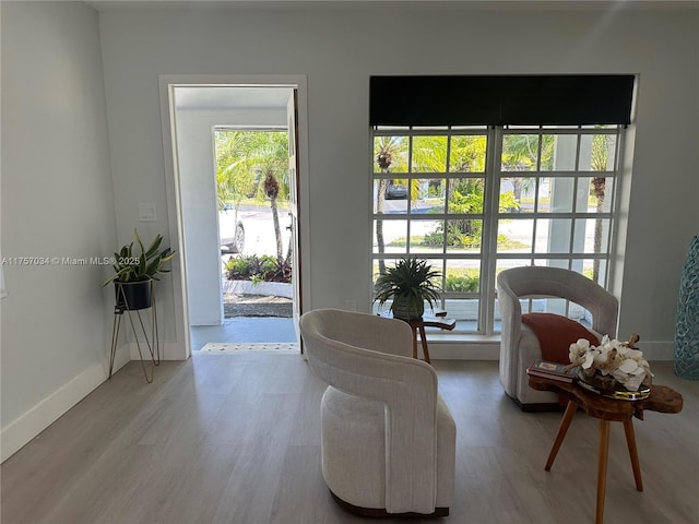 sitting room with baseboards and wood finished floors