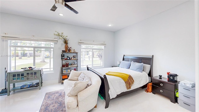 bedroom featuring ceiling fan and recessed lighting