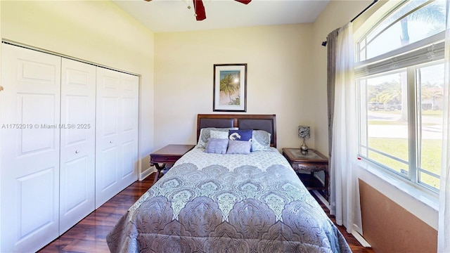 bedroom featuring ceiling fan, a closet, and wood finished floors