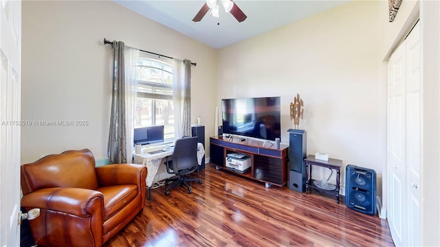 office area with ceiling fan and wood finished floors