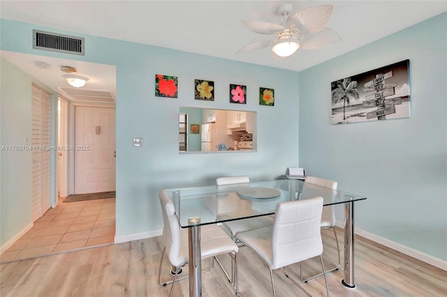 dining space with visible vents, ceiling fan, baseboards, and wood finished floors