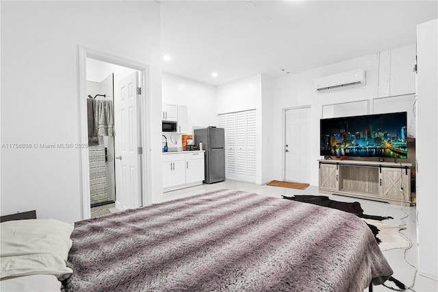 12735 SW 211th St, Miami, FL 33177 - bedroom with freestanding refrigerator, a wall mounted AC, a sink, and recessed lighting