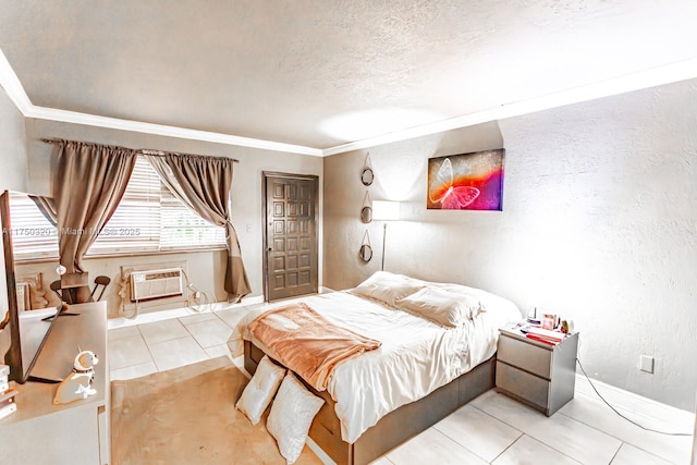 tiled bedroom featuring crown molding, a wall mounted air conditioner, a textured wall, and a textured ceiling