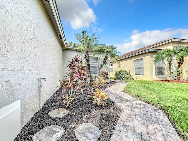 property entrance featuring a lawn and stucco siding