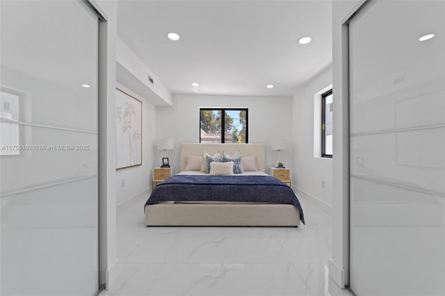 bedroom with visible vents, baseboards, recessed lighting, and marble finish floor