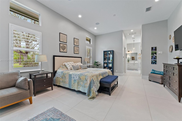 bedroom with recessed lighting, visible vents, and light tile patterned floors