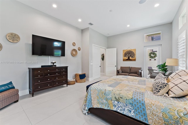 tiled bedroom with baseboards, visible vents, and recessed lighting