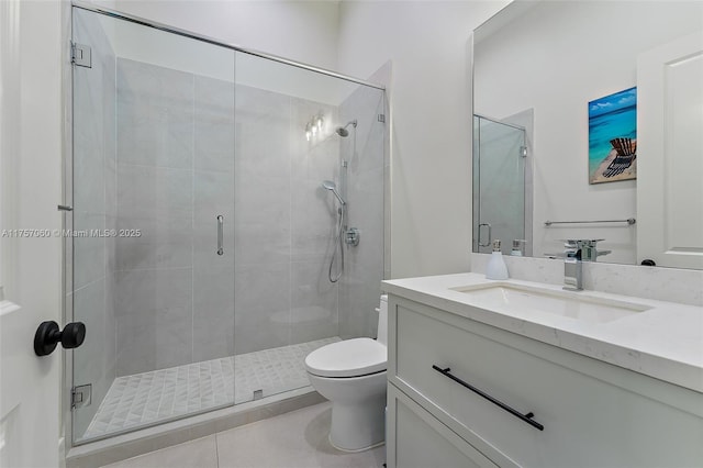 bathroom with a shower stall, vanity, and toilet