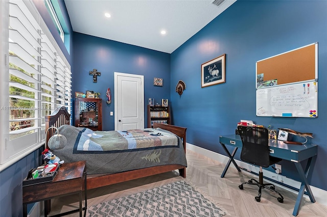 bedroom featuring recessed lighting, visible vents, and baseboards