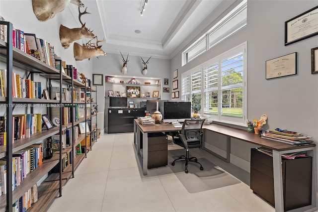 office space featuring light tile patterned floors, a raised ceiling, rail lighting, bookshelves, and ornamental molding