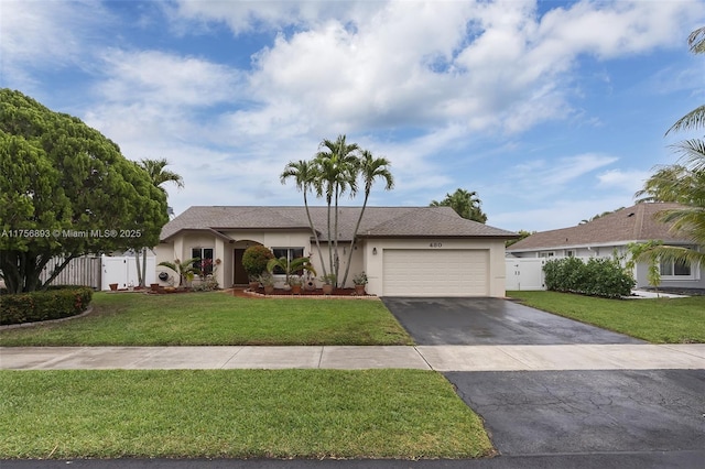 view of front of house featuring driveway, fence, an attached garage, and stucco siding