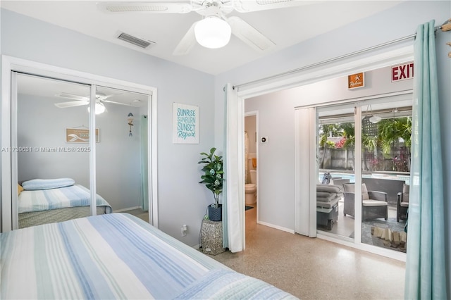 bedroom with ceiling fan, visible vents, a closet, and speckled floor