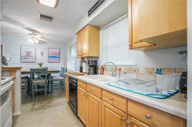 kitchen featuring white range with electric stovetop, black dishwasher, light countertops, visible vents, and a sink