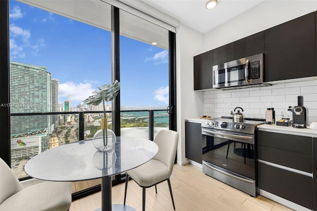 kitchen featuring stainless steel appliances, expansive windows, dark cabinets, and tasteful backsplash