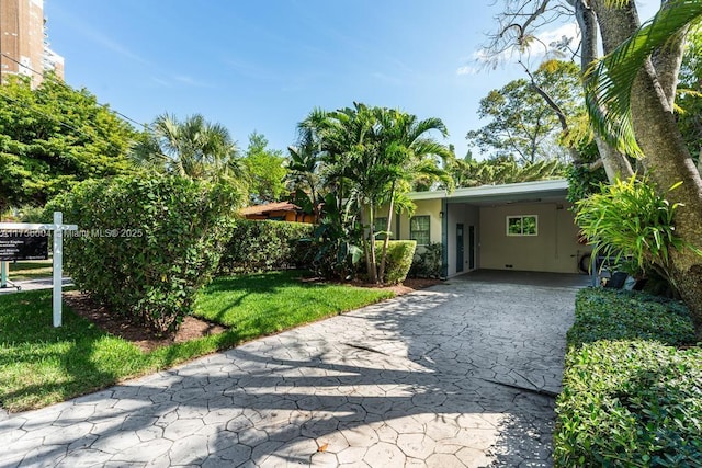 view of front of house featuring driveway, a front yard, and stucco siding