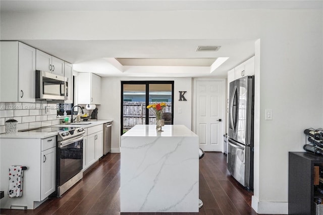 kitchen with stainless steel appliances, a sink, visible vents, a center island, and a tray ceiling