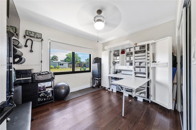 office space featuring baseboards, a ceiling fan, and dark wood-style flooring